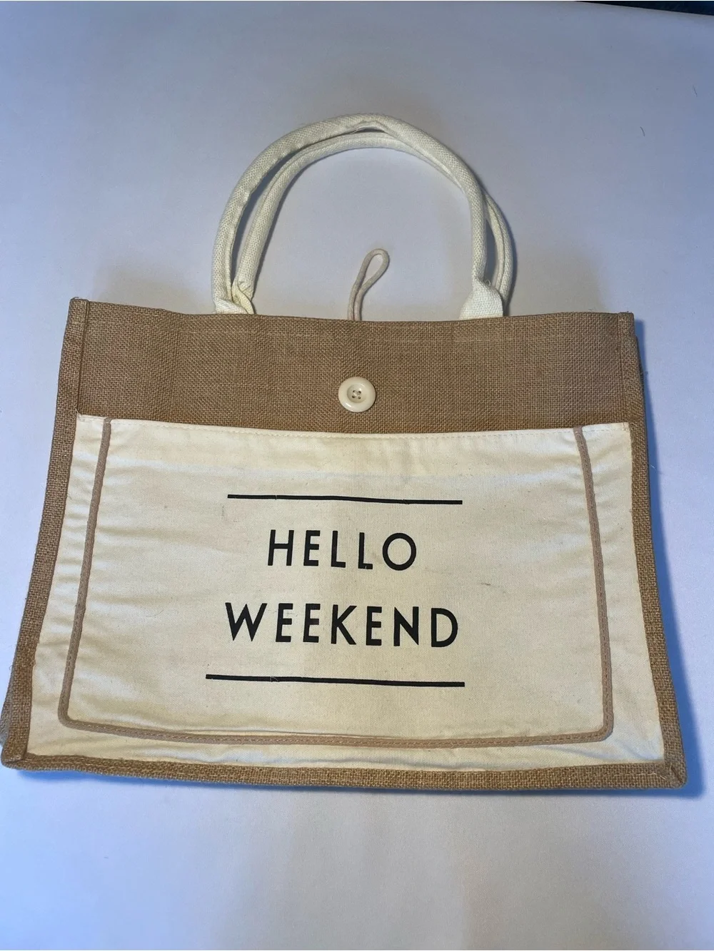 🔥 Hello Weekend Burlap Canvas Tote Bag